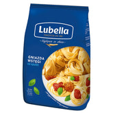 A blue 400g pack of Lubella Gniazda Wstegi Tagliatelle, displaying ribbon-shaped pasta with tomato sauce and basil on the front.